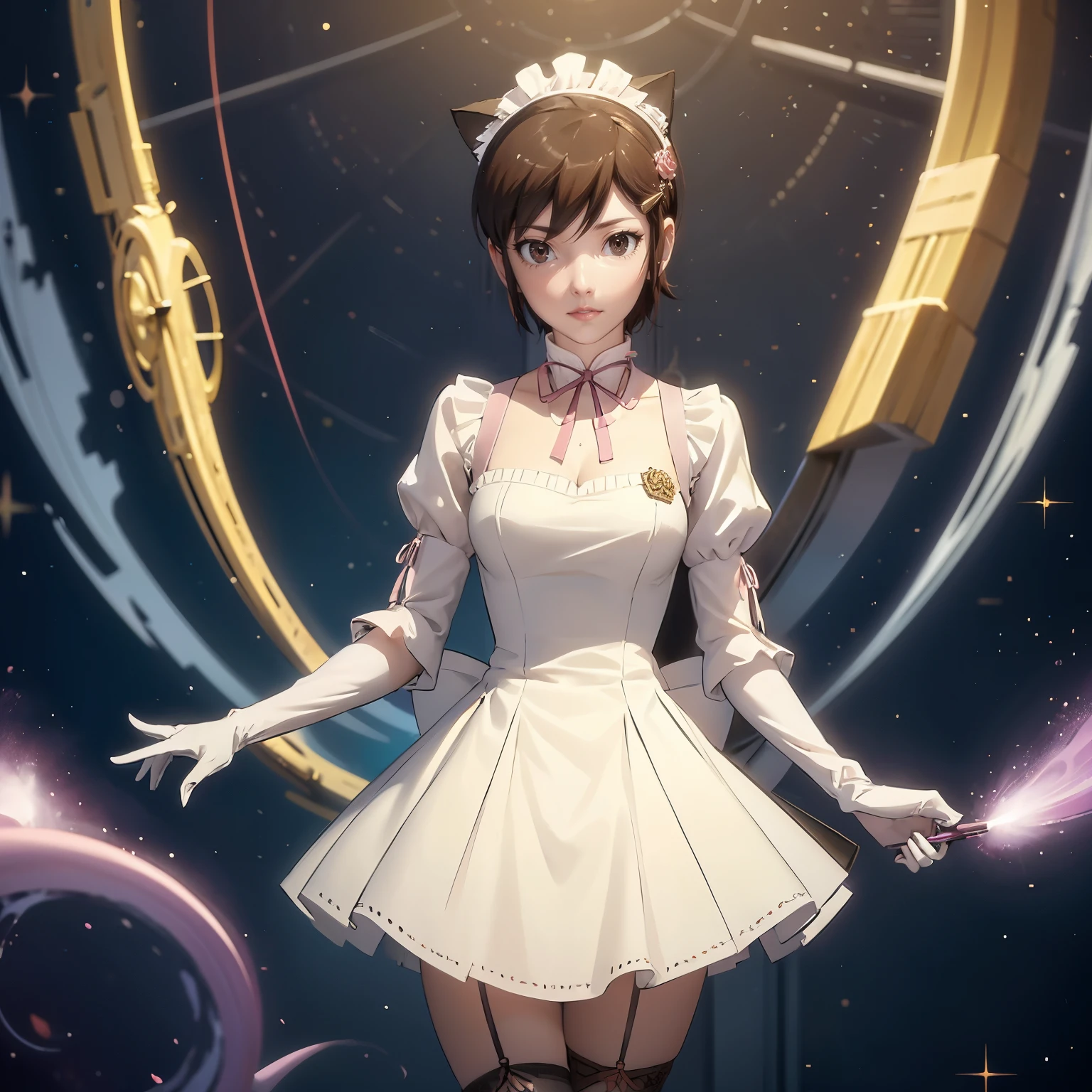 1girl, white maid dress, jewelry, brown hair, flowing hair, short hair, ribbon, maid dress with a short skirt and layers, white laces, white boots, white dress with transparency, gold details on her clothes, cat ears, animal ears,  more details, perfectly body, perfectly hands, two hands, two legs, two arms, five fingers, glowing hair, best quality, cat ears, animal ears, tail ornament, tail bow, white gloves, two cat tail, white gloves, alone, maid headdress, choker, detached sleeves, maid dress, maid white dress, masterpiece, best quality, detailed face, night, asymmetrical gloves, bangs, white short skirt , white gloves, white boots, earrings, elbow gloves, fishnet thigh highs, fish masterpiece, solo, best quality, detailed face, gloves, hair between eyes, jewelry, long hair, looking at viewer, single earring, sky, solo, thigh boots, thigh highs, uneven gloves, cat ears, solo, alone, Looking at the viewer, More details on the clothes, magenta roses on her hair, space scenery, maid, maid dress, magenta details, magenta roses, maid headdress, maid apron, wave hair, long hair, seat on the Saturn rings, bats details on her clothes, more details on her clothes, gold details on her clothes, space, smiling, standing her hand to a viewer, looking at the viewer, in the background a several asteroids glowing with fiery auras, Dramatic lighting from distant stars and planets illuminates the scene, looking at the vast and mysterious universe, cowboy shot, upper body portrait, more details, sparkle,