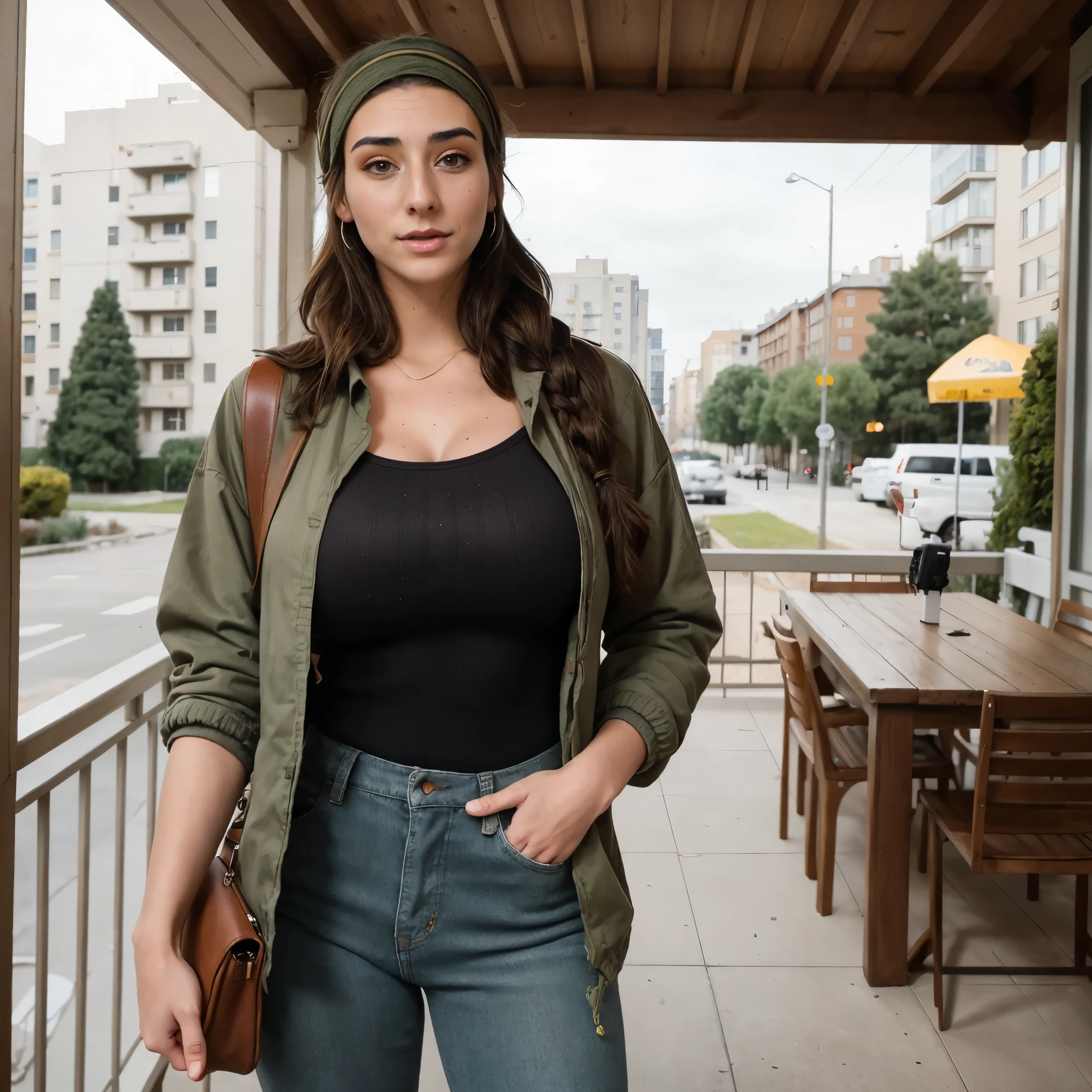 Extremely busty thin and toned brunette photographer, college girl, fair skin, loose side braid, soft face, athletic, bandana babushka headwrap, tight olive green casual windbreaker, skinny jeans. standing in front of her apartment building, outdoors, city, camera bag, cleavage