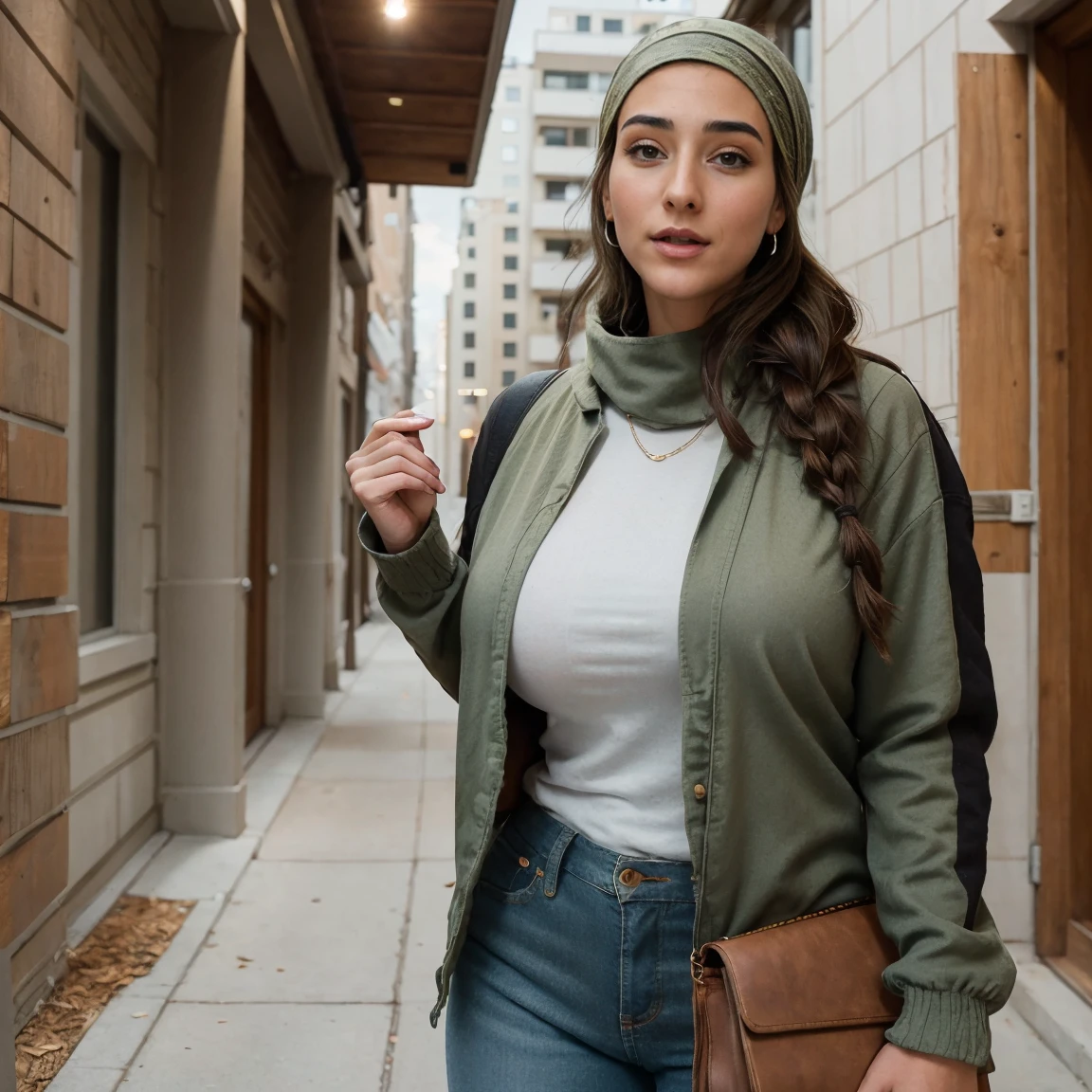 Extremely busty thin and toned brunette photographer, college girl, fair skin, loose side braid, soft face, athletic, bandana babushka headwrap, tight olive green casual windbreaker, skinny jeans. standing in front of her apartment building, outdoors, city, camera bag, cleavage 