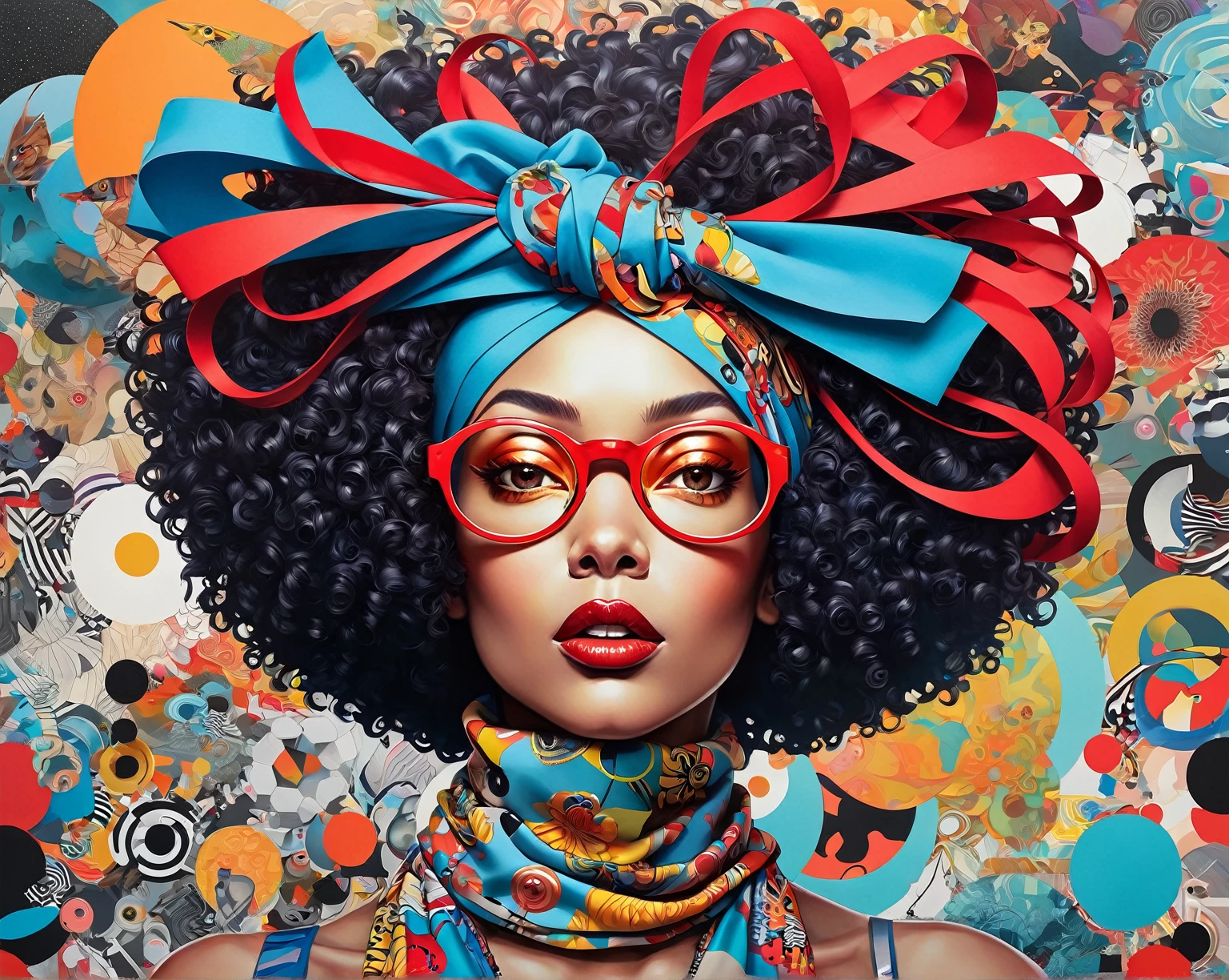 there is a picture of a woman with red glasses and a scarf, beeple and jeremiah ketner, tristan eaton, a contemporary artistic collage, inspired by Sandra Chevrier, paper collage art, jen bartel, afro futurism, beeple and james jean, colored paper collage, in style of digital illustration, paper cut out collage artwork, afrofuturist
