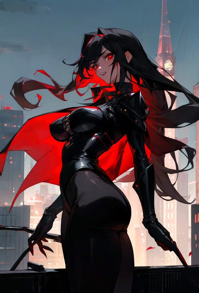 ((Best Quality, 8k, Masterpiece:1.3)), anime vampire, whole body, very big breasts:1.4, big ass:1.4, Wide hips:1.3, narrow waist:1.2, long and thin legs, long straight black hair with red highlights:1. 2, big, expressive red eyes:1.3, long eyelashes, pale skin, sharp teeth, lips with dark carmine, black miniskirt:1. 2, tight dark red corset:1.2, standing in front of the night city, bright neon lights:1.3, modern buildings, street with people, highly detailed skin and facial texture, detailed eyes, night city view from the rooftop:1.3, moon in the sky, windy night, slightly disheveled hair, dark tights, waders, Mystic aura.
