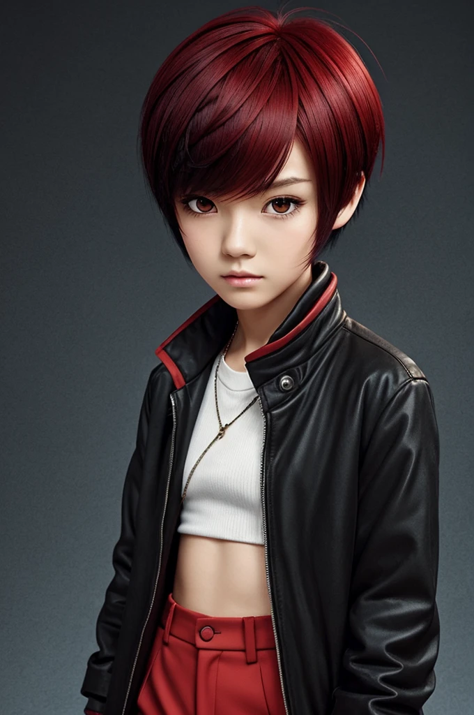 Anime chibi style, portrait, 1boy, androgynous, feminine face, apathetic, black hair, short back hair, long bangs, side parted bangs, red inner hair, coat, jacket, sci-fi