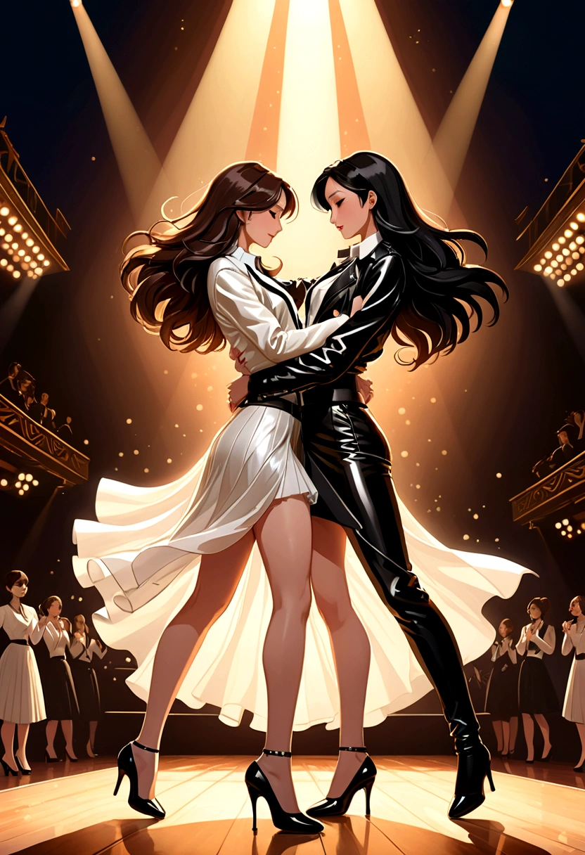 A captivating anime-style illustration of two young women, one Asian and one British, sharing a passionate dance on a grand stage. The Asian woman, with long, dark flowing hair, is dressed in a shiny black leather outfit, featuring a white leather-lapeled jacket and a long skirt with a slit on her left leg. She wears black heels and has a belt around her waist. The British woman, with brown hair, dons a black leather jacket with white lapels and a short skirt adorned with black tulle details, also wearing black heels. Their intimate dance is filled with trust, complicity, desire, and love. The scene is lit by dazzling stage lights and is accompanied by energetic music. The illustration has a cinematic feel, resembling a poster or 3D render, with a bold, almost painterly, style., illustration, 3d render, painting, poster, cinematic