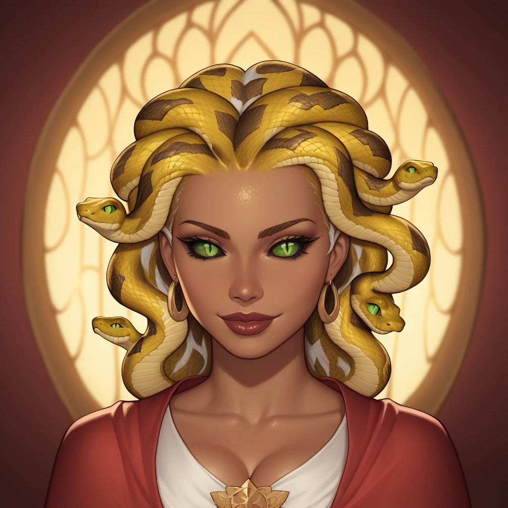 (((beautiful, high quality, perfect eyes, comics style, semi-realistic, detailed face))), bust shoot, score_9, score_8_up, score_7_up, | ((colored sclera, black sclera, slit pupils, scales)), 1girl, (((sn4k3h41r, snake hair))), Very ((dark skin, dark-skinned)), ((horny face, desire, seductive look, seductive pose)), green eyes, attractive smile, (heart shape lips), wears a red wizard robes over a white linen dress, | (wizard tower, fantasy background, blurred background), digital painting, volumetric lighting, easynegative, JIM EIDOMODE, Dungeons and Dragons 5th edition style illustration,