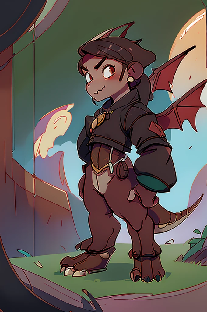 (((male, solo, winged kobold boy, dark red scales,fantasy clothes, artficer,steampunk, dragon wings, dragon tail, small, chibi))), artficer clothes, warm color clothes, fantay clothes,sea green eyes, artficer,small heigth, 54 centimertes heigth,horns, claws, tail, scales, fangs, masterpiece, cute, (((fullbody))), male