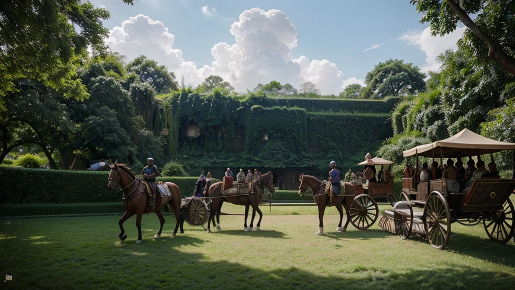  "The Sunda royal entourage preparing for the journey, with horses and carriages being loaded, surrounded by the lush greenery of the palace gardens under a clear sky."
Characters: Linggabuana, Dyah Pitaloka, and royal entourage.
Angle: Wide shot.
Lighting: Clear daylight.
