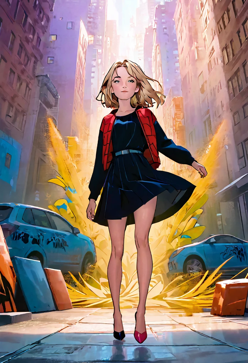 (Masterpiece artwork, 8K, uhd, high resolution: 1.4), stylized portrait of Sydney Sweeney in Spider-Verse art style, (stylized and vibrant features: 1.3), (long and wavy hair, blondes: 1.2), (expressive detailed eyes: 1.2), (modern and dynamic clothing, inspired by the Spider-Verse universe: 1.3), (confident and energetic pose: 1.3), (comic animation elements, with hand-drawn textures and shadows: 1.2), (background with urban and colorful scenes, like skyscrapers and graffiti: 1.1), (vibrant and electrifying atmosphere: 1.3), Intricate and vivid details, (fantasy and action elements: 1.2), (dynamic and captivating perspective: 1.3)