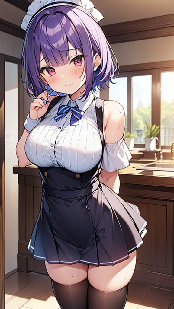 最high quality, high quality, Super detailed, 32k, Ultra-detailed details, waitress(only, Standing, pretty girl, beautiful purple hair, short hair, Beautiful RED eyes, mature, Big Breasts, A light smile, Off-the-shoulder sleeveless Summer メイド服, Summer casual maid clothes, Short skirt, Blue and white color striped underwear, Black knee socks, loafers, My crotch is wet with love juice, 18-year-old,cute), {{A succubus disguised as a waitress approached the target man's sister, peeled off the skin of the sister's face, and stuck it on her own face, becoming the waitress succubus's face., The hem of her skirt is lifted high, exposing her underwear}}, She has transformed from a shy maid into a lewd one., A maid with her sister's face stuck on her face is vigorously pistoning her body, A maid who moves her body vigorously without caring if her breasts bounce, Super detailed, indoor, Full body image, ((Head to Toe:1.3)), NSFW