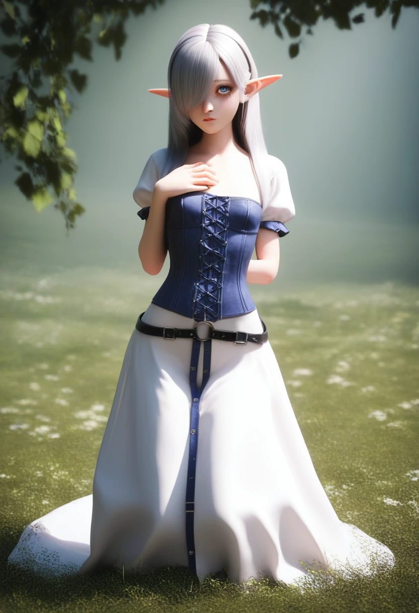 A detailed gnome girl with pale skin, short stature, and very long silver hair that curls at the ends, covering one eye, with small breasts, pouty lips, and bright blue anime-style eyes with long lashes, wearing a corset, white puffy long sleeved shirt, and puffy cloth pants, leather bound boots, set in a windy fantasy landscape, (best quality,4k,8k,highres,masterpiece:1.2),ultra-detailed, dungeons and dragons, long elf ears, small girl, detailed skin and cloth textures, beautiful detailed face, intricate details, extremely detailed, 1girl, dynamic pose with hair covering one eye, shy personality, cloth pants with leather belt
