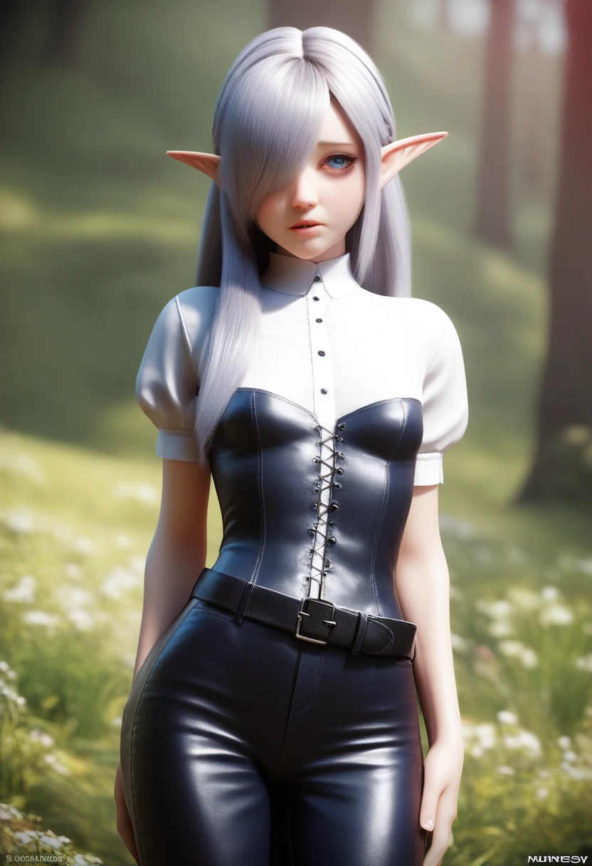 A detailed gnome girl with pale skin, short stature, and very long silver hair that curls at the ends, covering one eye, with small breasts, pouty lips, and bright blue anime-style eyes with long lashes, wearing a corset, white puffy long sleeved shirt, and puffy cloth pants, leather bound boots, set in a windy fantasy landscape, (best quality,4k,8k,highres,masterpiece:1.2),ultra-detailed, dungeons and dragons, long elf ears, small girl, detailed skin and cloth textures, beautiful detailed face, intricate details, extremely detailed, 1girl, dynamic pose with hair covering one eye, shy personality, cloth pants with leather belt