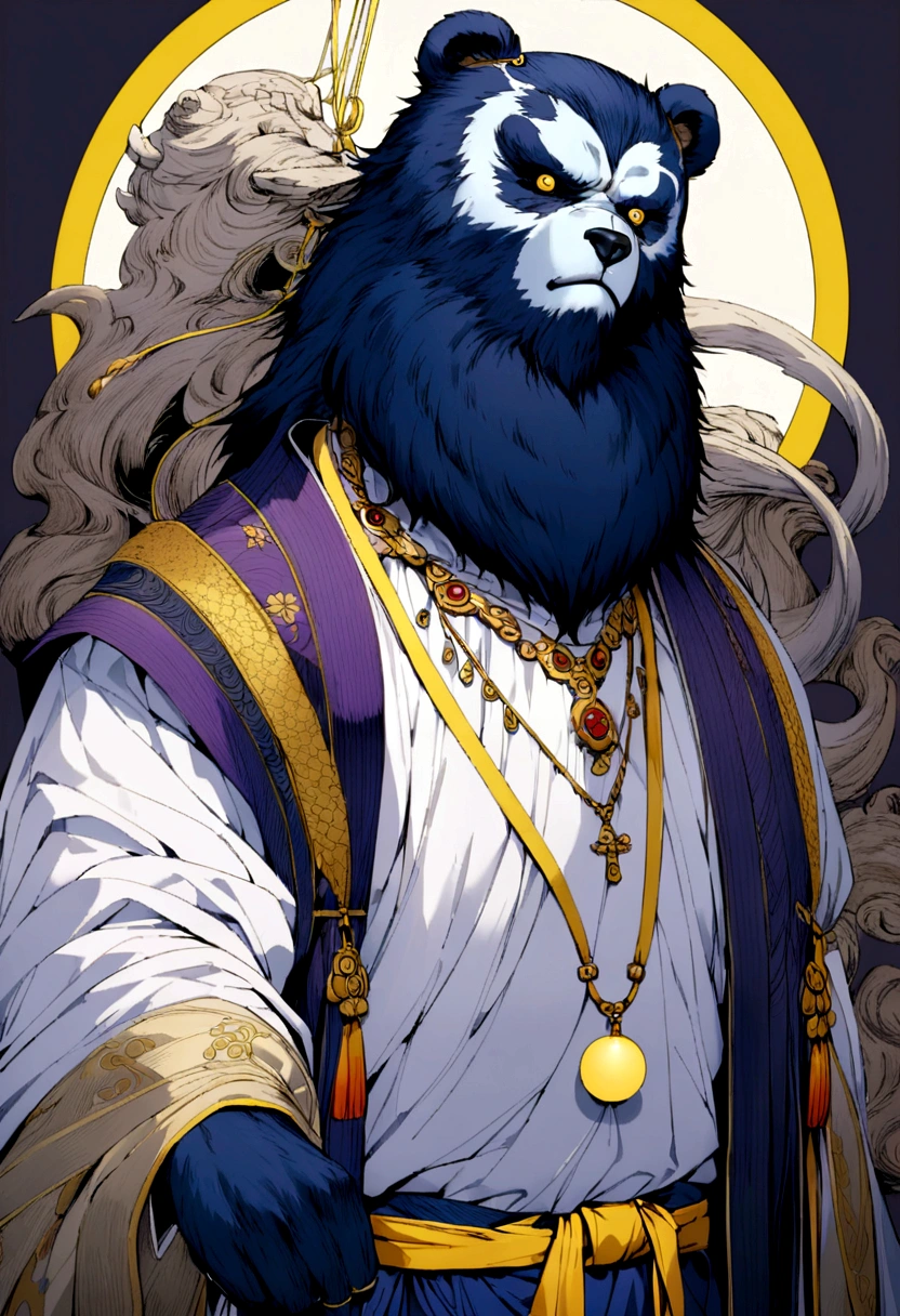 A bear have light blue fur with dark Dark blue beard with necklace The string is red and white and the part attached to the bottom of the string is a yellow circle, Wear a dare purple shirt There are two yellow belts underneath a white shirt, and wear Japanese-style underwear
