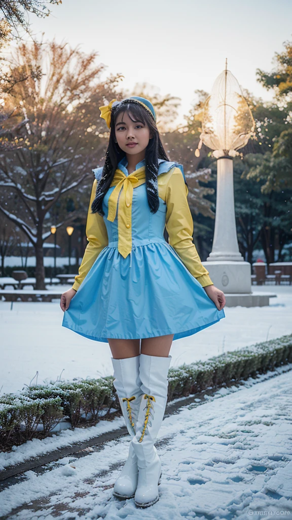 A 25 year old filipina girl wearing a blue and yellow snow white costume dress and white long boots the background is nigth and koraen park.