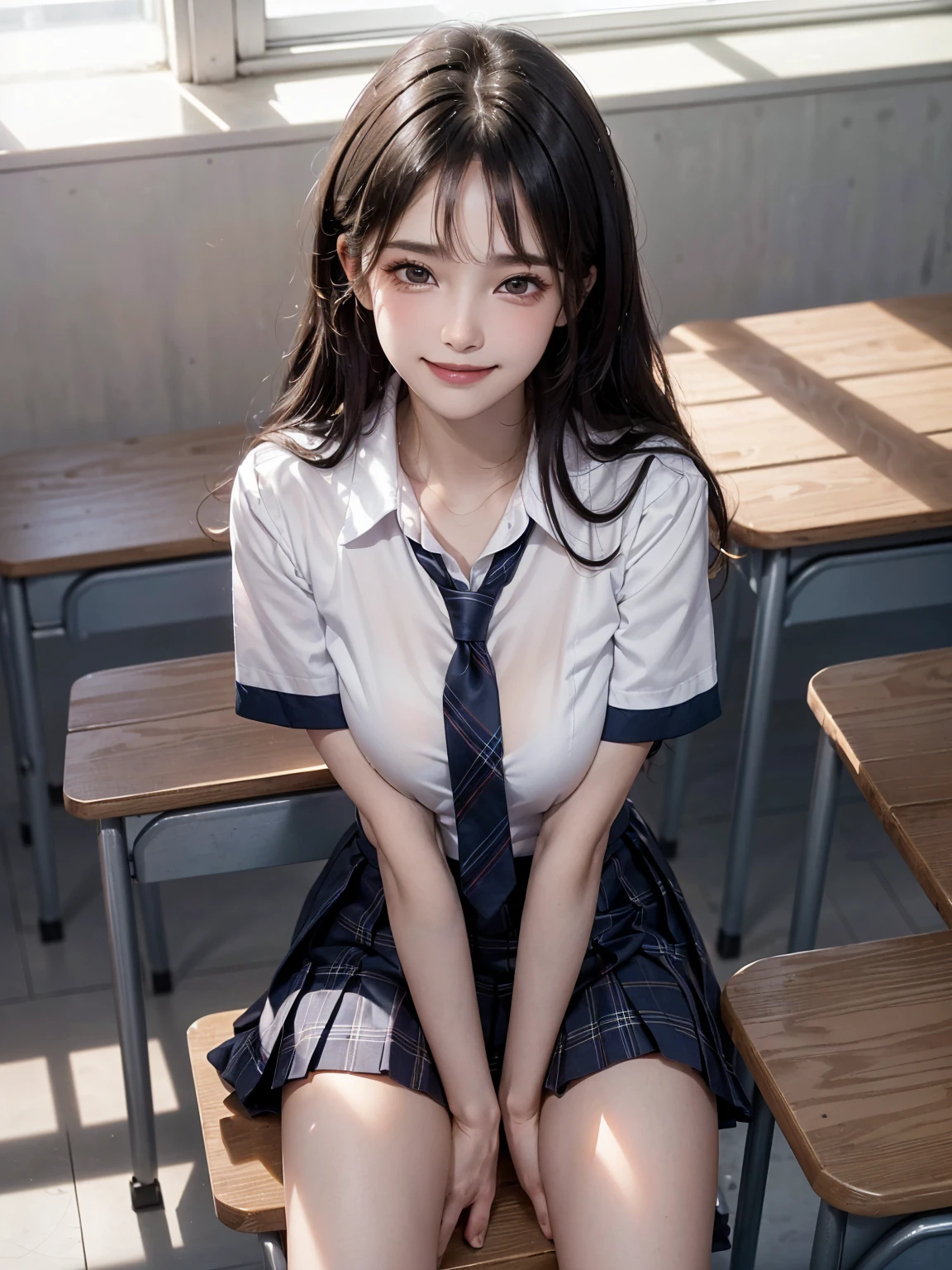 (masterpiece:1.3, Highest quality, Ultra-high resolution, Super detailed), (Realistic, photoRealistic:1.4), Perfect lighting, Natural light, colorful, Depth of written boundary, Browsing Caution, Surrealism, Front view,Beautiful detailed hair, Beautifully detailed face, Beautiful fine details, Beautiful clavicle, Beautiful body, thin脚,Beautiful feet, Beautiful breasts,Beautiful Hands, thin, 1 girl, Perfect Face, Long eyelashes,Perfect Anatomy, Supermodel with a long neck,((Skinny1.2)),((Spread legs:1.3 )),((from above)),looking at the camera,(Perfect Anatomy,Highly detailed skin), Shiny skin,((beautiful girl:1.1)),(( large breasts:1.3)), (((Happy smile:1.1)),(Mid-length hair:1.4, Wavy Hair:1.2, Black Hair) ,hair over one eye, Dainty facial structure,photo shoot, Sharp focus, Face Light,((school uniform, navy skirt in plaid skirt)),((school uniform, short sleeve shirt:1.2)), ((school uniform, tie)),A typical Japanese school classroom with rows of wooden desks and chairs neatly arranged. The front of the classroom features a large blackboard with chalk writings, and a teacher's desk with books and teaching materials. Bright natural light streams in through large windows on one side of the room, offering a view of a schoolyard or greenery outside. The classroom has a clean, organized, and studious atmosphere with posters and educational charts adorning the walls