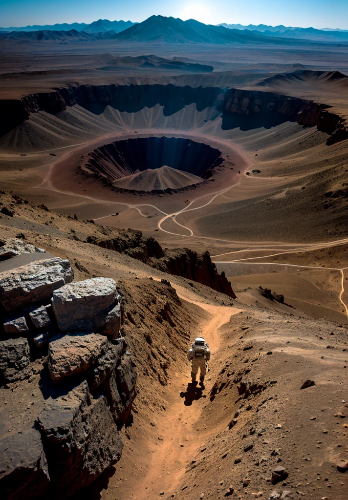 An astronaut stands on the edge of a vast cliff, peering down into an enormous, deep crater that stretches out before them. The Martian night sky is filled with countless stars, casting a gentle glow over the barren, rocky terrain. The depth of the crater is immense, disappearing into darkness, creating a sense of awe and wonder. Jagged rocks and steep slopes surround the scene, with the distant Martian mountains silhouetted against the starry sky. The astronaut's suit is faintly illuminated by their helmet lights, highlighting the surreal beauty of the Martian night.