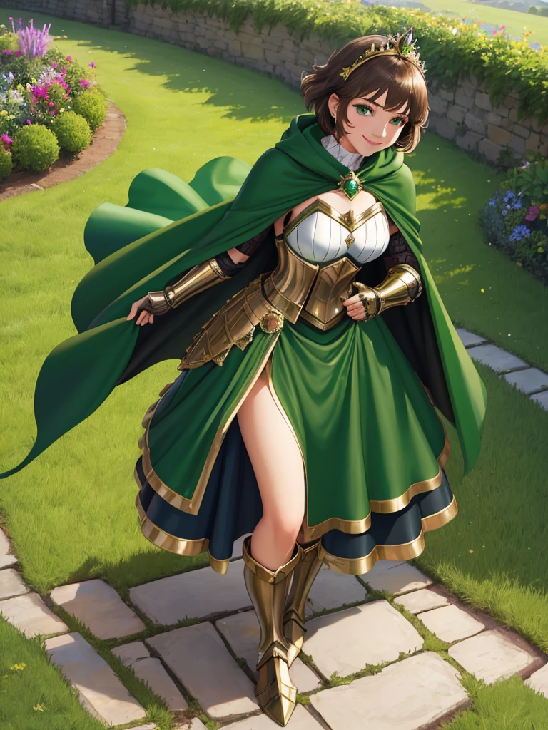 masterpiece, best quality:1.2), 1girl, smile, looking at viewer, green eyes, short brown hair, princess, armor, , pauldrons, armored dress, green cloak cape, wearing puffy blue ballgown skirt, golden tiara with green gem, armored boots, fingerless gloves, standing in medieval garden