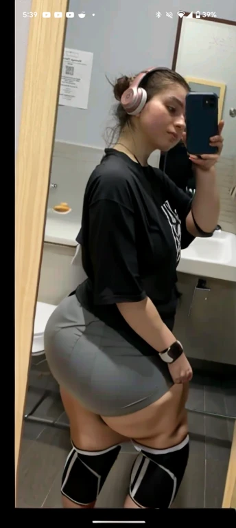 araffe in a black shirt and grey shorts taking a selfie, thicc, big booty, insanely inflated hips, thick, pawg, thick thigs, she has a jiggly fat round belly, thick tail, large thighs, thick thighs, wide hips, thick body, thicc build, somewhat bent over, bending over, in a bathroom, full body picture, full body female, full body!, widest hips, beautiful girl, big ass, huge ass, bbw, from behind, thick, thick thighs, wide hips, bbw, big , sideboob, giant ass, back view, big butt, round butt, tight underwear, underwear halfway off, underwear taking off, grabbing ass, ass spilling over underwear, too thick for clothes, facing right, seeing huge round asscheeks