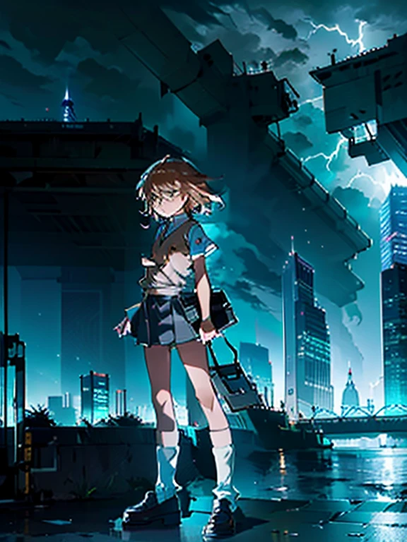 portrait, 1girl, solo, ,misaka mikoto, shirt, white shirt, brown  sweater vest, skirt, , pleated skirt, short sleeves,  shorts, grey skirt, socks, collared shirt, shoes, loose socks, shorts under skirt, loafers, , black skirt,  ,  masterpiece, best quality, standing,Urban, City, Skyscrapers, Skyline, Illuminated, Lightning, Thunderous, Bolts, Flashing, Glowing, Vibrant, Electric, Striking, Dynamic, Dramatic, Stormy, Urban sprawl, Nighttime, , Excitement, Thriving, Neon lights, Reflections, Illuminated signs, Rain-soaked, Dramatic contrast, Impressive, Resilient, Towering, Spectacular, Impressive, Bustling, Unforgettable