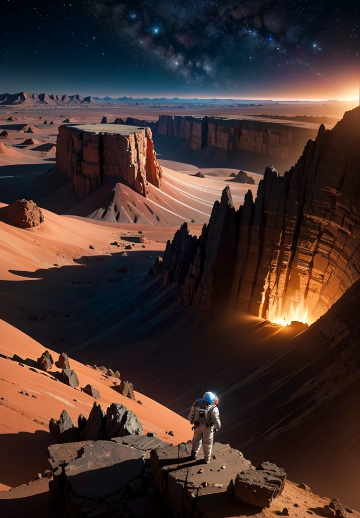 An astronaut stands on the edge of a vast cliff, peering down into an enormous, deep crater that stretches out before them. The Martian night sky is filled with countless stars, casting a gentle glow over the barren, rocky terrain. The depth of the crater is immense, disappearing into darkness, creating a sense of awe and wonder. Jagged rocks and steep slopes surround the scene, with the distant Martian mountains silhouetted against the starry sky. The astronaut's suit is faintly illuminated by their helmet lights, highlighting the surreal beauty of the Martian night.