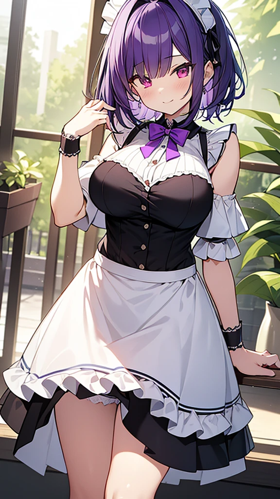 最high quality, high quality, Super detailed, 32k, Ultra-detailed details, , {{The succubus maid has the face of my sister}}, (only, Standing, pretty girl, beautiful purple hair, short hair, Beautiful RED eyes, mature, Big Breasts, A light smile, Off-the-shoulder sleeveless Summer cute maid outfit, Summer casual maid clothes, Short skirt, Blue and white color striped underwear, Black knee socks, loafers, She's holding 大きく up her skirt with both hands to show her underwear, 18-year-old,cute), A maid who moves her body vigorously without caring if her breasts bounce, Super detailed, indoor, maid Cafe, Full body image, ((Head to Toe:1.3)), NSFW