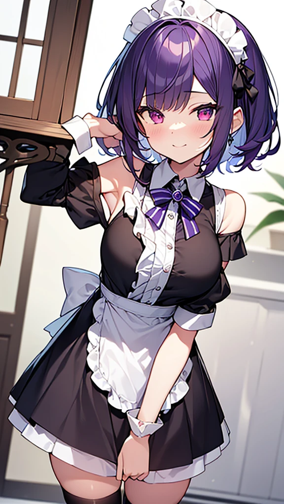 最high quality, high quality, Super detailed, 32k, Ultra-detailed details, , {{The succubus maid has the face of my sister}}, (only, Standing, pretty girl, beautiful purple hair, short hair, Beautiful RED eyes, mature, Big Breasts, A light smile, Off-the-shoulder sleeveless Summer cute maid outfit, Summer casual maid clothes, Short skirt, Blue and white color striped underwear, Black knee socks, loafers, She&#39;s holding 大きく up her skirt with both hands to show her underwear, 18-year-old,cute), A maid who moves her body vigorously without caring if her breasts bounce, Super detailed, indoor, maid Cafe, Full body image, ((Head to Toe:1.3)), NSFW