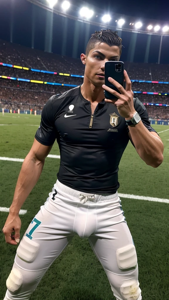 Cristiano Ronaldo cr7, open zipper pants, thick perfect penis, dick spurting smeared milk, At night. On a football field at the stadium, raining, iphone selfie