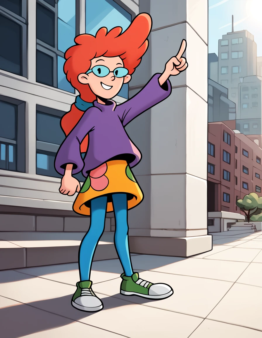 score_9, score_8_up, score_7_up, score_6_up, score_5_up, score_4_up, source_cartoon, rating_safe, flat color, BREAK pepper ann, 1girl, solo, red hair, long hair, ponytail, glasses, dot eyes, purple shirt, print skirt, blue pantyhose, shoes, smile, standing, arm up, index finger raised,city, sunlight