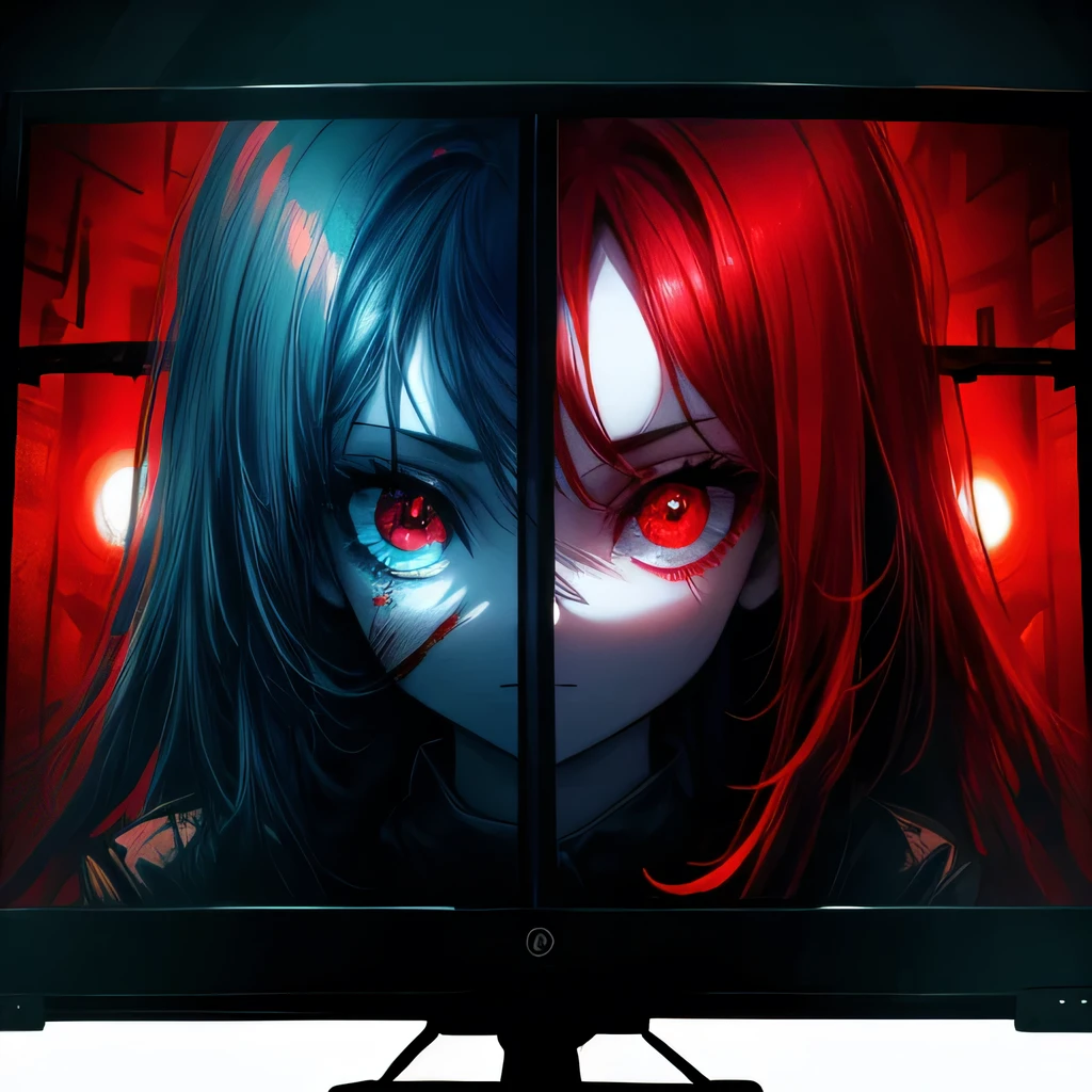 masterpiece, 1 girl, upper body, upclose, girl infront, looks at the viewer, Eyes in TV, Monitors with eyes in background, in doors, red eyes, blood, long blue hair, blue hair, many details, back facing viewer, head turned to look at viewer, emotionless, dim room, only light from tv monitors, monitors with eyes, Many screens showing different things, 1 girl in a screen, detailed eyes in the other screens, well lit, blood on face, blood on hair, blood dripping from eyes, eyes with crosses in them, pale skin, seperate monitors, emotionless face, bright colours, glowing eyes, long hair, white hair, eyes split in half, detailed, neon eyes, beautiful eyes, cool eyes, large monitor screen displaying beautiful eyes in background, girl in the center, silhouette of a girl in the center, red lighting, red eyes, blood, detailed, glowing, dim room, lighting from screens, massive screens displaying giant girl in the background , long hair,in a cinema room, dim lighting, bright lighting, red eyes, girl on screen panel, eyes in screen panels, long red hair, bright red hair, long hair, hair glowing, well lit, detailed, detailed lighting, well lit hair, well lit face, looking at viewer, dim room, screen monitor panels, monitors with girl in them, emotionless expression, eye in monitor screen, lots of monitor panels, sectioned panels, glowing eyes, red eyes,