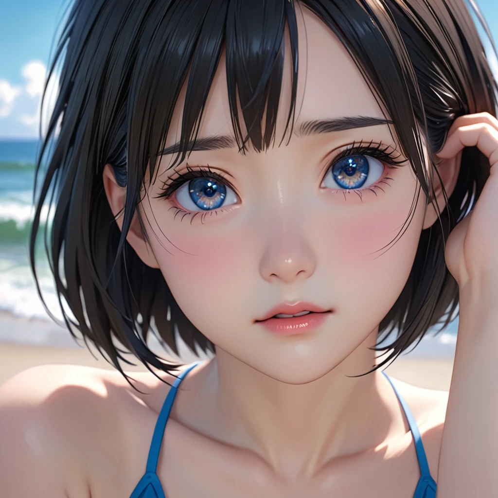 National Science Foundation,masterpiece,High resolution,8K,Art,digit,Three-dimensional,Realism,Kyoto Animation Style,your name movie style,baby face,looking into camera,On the scenic seaside,(1 girl: 1.3),(alone: 1.4),(bikini),Put your hands behind your head,Black hair,Long eyelashes,Slender legs,Short Bob,Close-up of upper body,Close-up,Close up,Eyes as deep as the starry sky,shy,pain,sad,Awkward