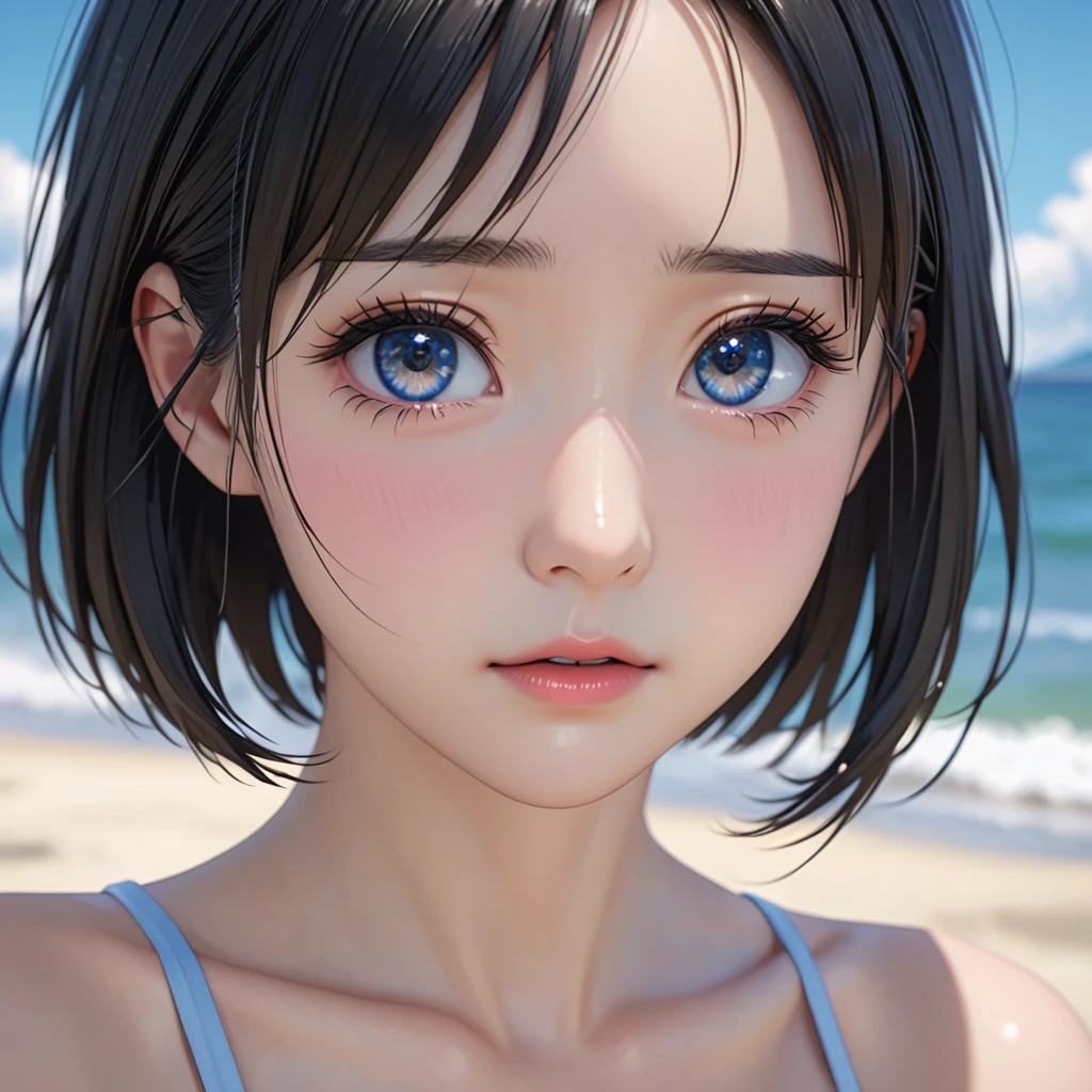 National Science Foundation,masterpiece,High resolution,8K,Art,digit,Three-dimensional,Realism,Kyoto Animation Style,your name movie style,,looking into camera,On the scenic seaside,(1 girl: 1.3),(alone: 1.4),(bikini),Put your hands behind your head,Black hair,Long eyelashes,Slender legs,Short Bob,Close-up of upper body,Close-up,Close up,Eyes as deep as the starry sky,shy,pain,sad,Awkward