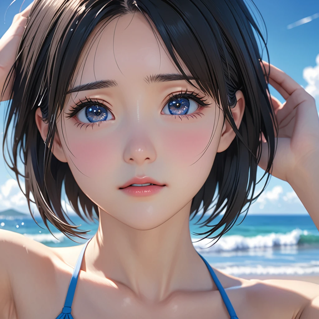 National Science Foundation,masterpiece,High resolution,8K,Art,digit,Three-dimensional,Realism,Kyoto Animation Style,your name movie style,baby face,looking into camera,On the scenic seaside,(1 girl: 1.3),(alone: 1.4),(bikini),Put your hands behind your head,Black hair,Long eyelashes,Slender legs,Short Bob,Close-up of upper body,Close-up,Close up,Eyes as deep as the starry sky,shy,pain,sad,Awkward