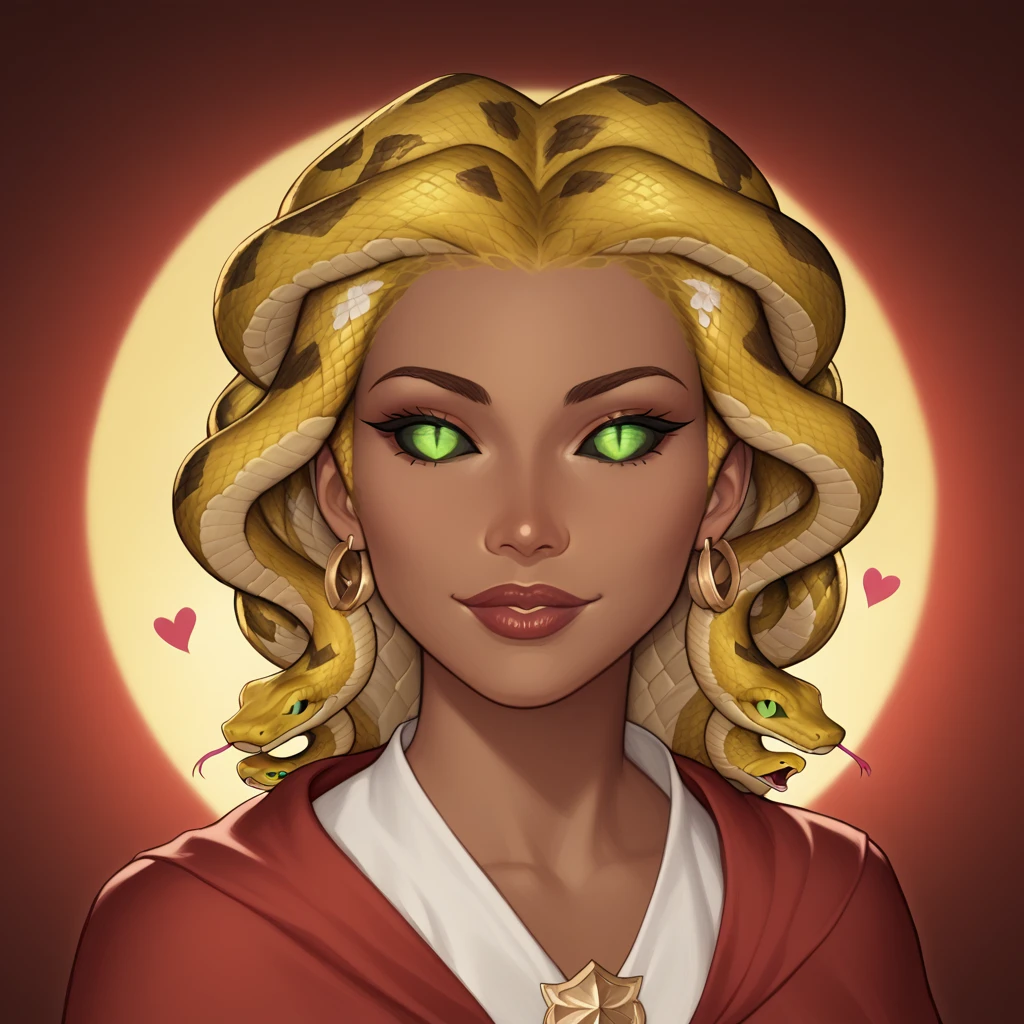 (((beautiful, high quality, perfect eyes, comics style, semi-realistic, detailed face))), bust shoot, score_9, score_8_up, score_7_up, | ((colored sclera, black sclera, slit pupils, scales)), 1girl, (((sn4k3h41r, snake hair))), Very ((dark skin, dark-skinned)), ((sexy, horny face, desire)), green eyes, attractive smile, (heart shape lips), seductive look, seductive pose, wears a red wizard robes over a white linen dress, | (wizard tower, fantasy background, blurred background), digital painting, volumetric lighting, easynegative, JIM EIDOMODE, Dungeons and Dragons 5th edition style illustration,