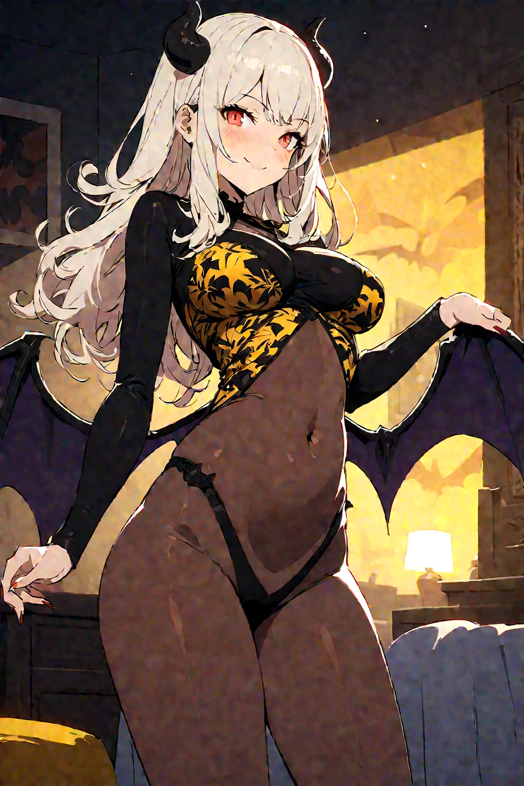 masterpiece, best quality, highly detailed background, perfect lighting, best quality, (extremely detailed face), volumetric lighting, intricate details, shadow, tonemapping, sharp focus, hyper detailed, trending on Artstation, (solo), ((bedroom background)) ((in the night)).Girl with bat wings, Devil, devil horns, long red hair. Red eyes. Sexy. curvy. sexy pose. Blush, Clear skin. Belly in sight. Big bust. Hip. Body. Sexy smile, Blue ambient light. ((Scantily clad))