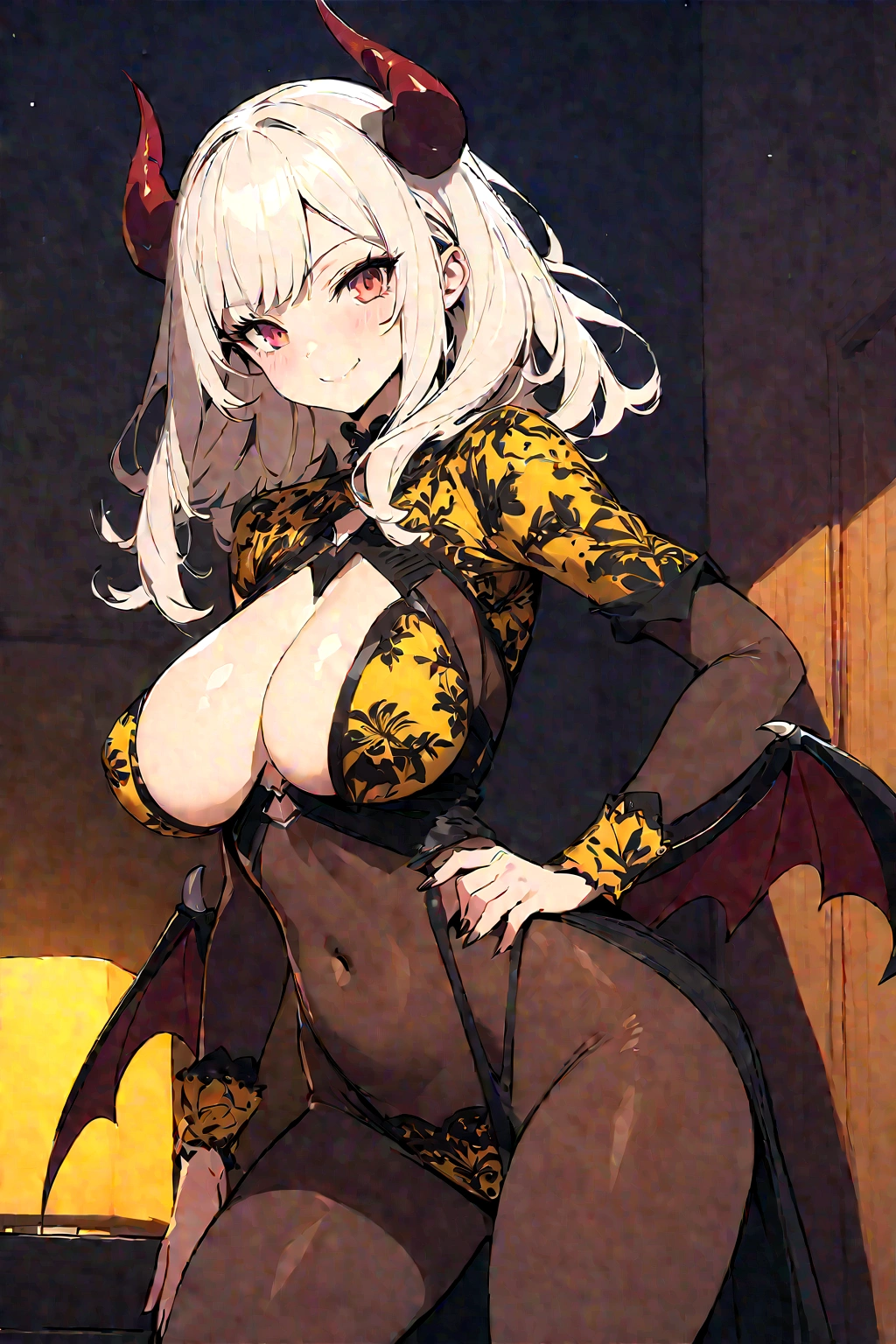 masterpiece, best quality, highly detailed background, perfect lighting, best quality, (extremely detailed face), volumetric lighting, intricate details, shadow, tonemapping, sharp focus, hyper detailed, trending on Artstation, (solo), ((bedroom background)) ((in the night)).Girl with bat wings, Devil, devil horns, long red hair. Red eyes. Sexy. curvy. sexy pose. Blush, Clear skin. Belly in sight. Big bust. Hip. Body. Sexy smile, Blue ambient light. ((Scantily clad))