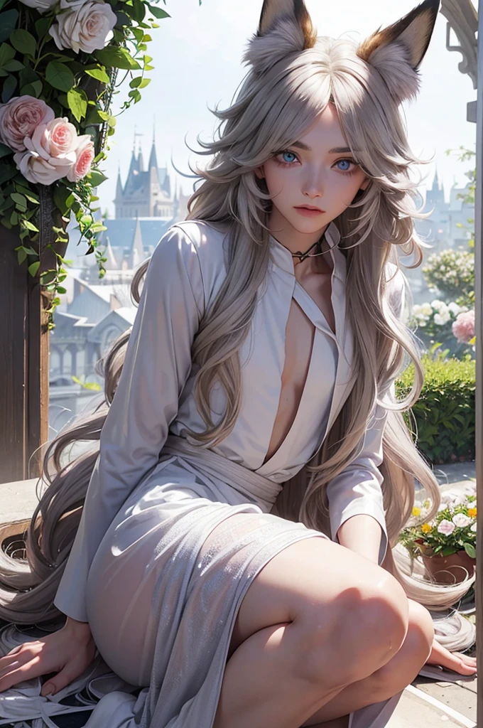 (Girl standing on the balcony of an old castle), Necklace, earrings, Full-body V6, Long gray hair, Translucent clothes,, breasts of medium size,, Ultra high definition, Unripe, Realism 1.25), (Bright lip gloss, long eyelashes, Smooth) Face, Light Bright, natural shadows, Wide light, Wide light, depth of fields, strong colors, Subtle caustics: 0.8), Smile, (Big), V6, City view from the window々You can see the building (absurdity, High resolution, Super Detail), Smile, (Big), V6 ((Adrian Honig))) Girl with blonde hair and blue eyes, Beautiful, Thin ((White sheer blouse, Black silk underwear, Underwear bite, Sexy Pose, Lower body slender, Back Figure, Window side of the line of sight, butt sticks out, , (( ( Pink light blouse, Black Mini Flared Skirt)), ((posterior view))、(Looks Back),(Old European castles are hazy in the background),((White lace panties))