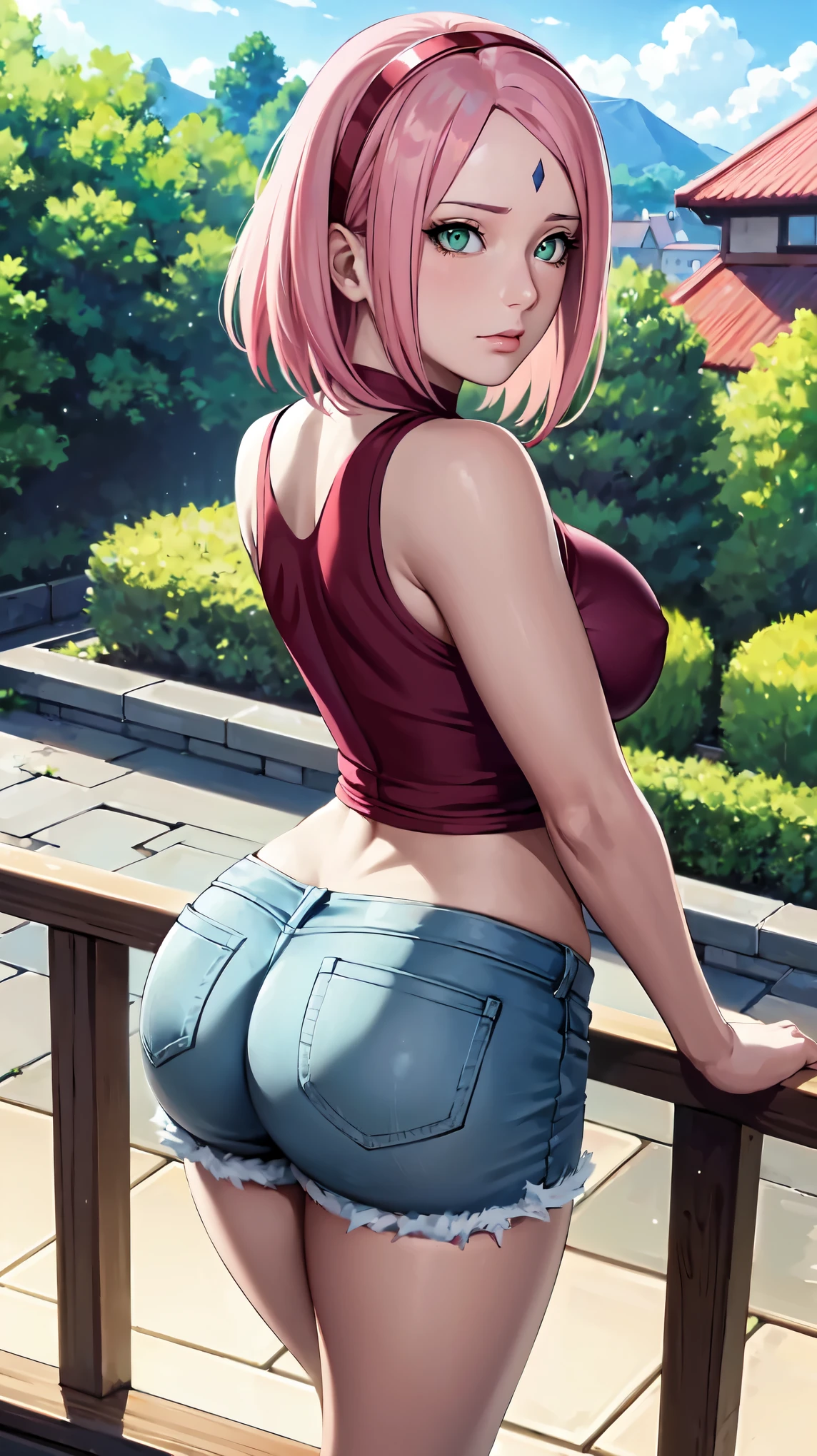 Masterpiece, stunning realistic, best quality, sharpness, 1 girl,sakura haruno,forehead mark,pink hair,green eyes,red hairband,perfect round ass,big ass,ass support,auf einen balkon anlehnen,focus on ass,looking at the viewer,tanktop,micro ripped denim shorts