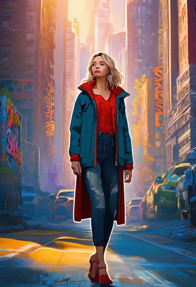 (Masterpiece artwork, 8K, uhd, high resolution: 1.4), stylized portrait of Sydney Sweeney in Spider-Verse art style, (stylized and vibrant features: 1.3), (long and wavy hair, blondes: 1.2), (expressive detailed eyes: 1.2), (modern and dynamic clothing, inspired by the Spider-Verse universe: 1.3), (confident and energetic pose: 1.3), (comic animation elements, with hand-drawn textures and shadows: 1.2), (background with urban and colorful scenes, like skyscrapers and graffiti: 1.1), (vibrant and electrifying atmosphere: 1.3), Intricate and vivid details, (fantasy and action elements: 1.2), (dynamic and captivating perspective: 1.3)
