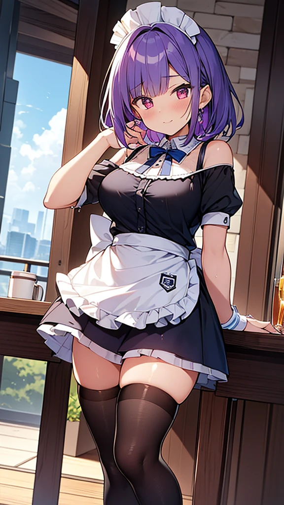 最high quality, high quality, Super detailed, 32k, Ultra-detailed details, waitress(only, Standing, pretty girl, beautiful purple hair, short hair, Beautiful RED eyes, mature, Big Breasts, A light smile, Off-the-shoulder sleeveless Summer メイド服, Summer casual maid clothes, Short skirt, Blue and white color striped underwear, Black knee socks, loafers, My crotch is wet with love juice, 18-year-old,cute), {{A succubus disguised as a waitress approached the target man's sister, peeled off the skin of the sister's face, and stuck it on her own face, becoming the waitress succubus's face., The hem of her skirt is lifted high, exposing her underwear}}, She has transformed from a shy maid into a lewd one., A maid with her sister's face stuck on her face is vigorously pistoning her body, A maid who moves her body vigorously without caring if her breasts bounce, Super detailed, indoor, Full body image, ((Head to Toe:1.3)), NSFW