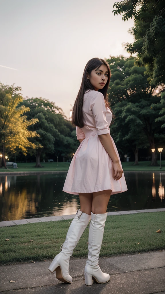 A 25 year old filipina girl wearing a pink elegant dress and white long boots the background is nigth and koraen park.