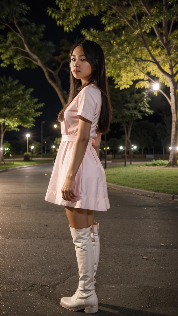 A 25 year old filipina girl wearing a pink elegant dress and white long boots the background is nigth and koraen park.