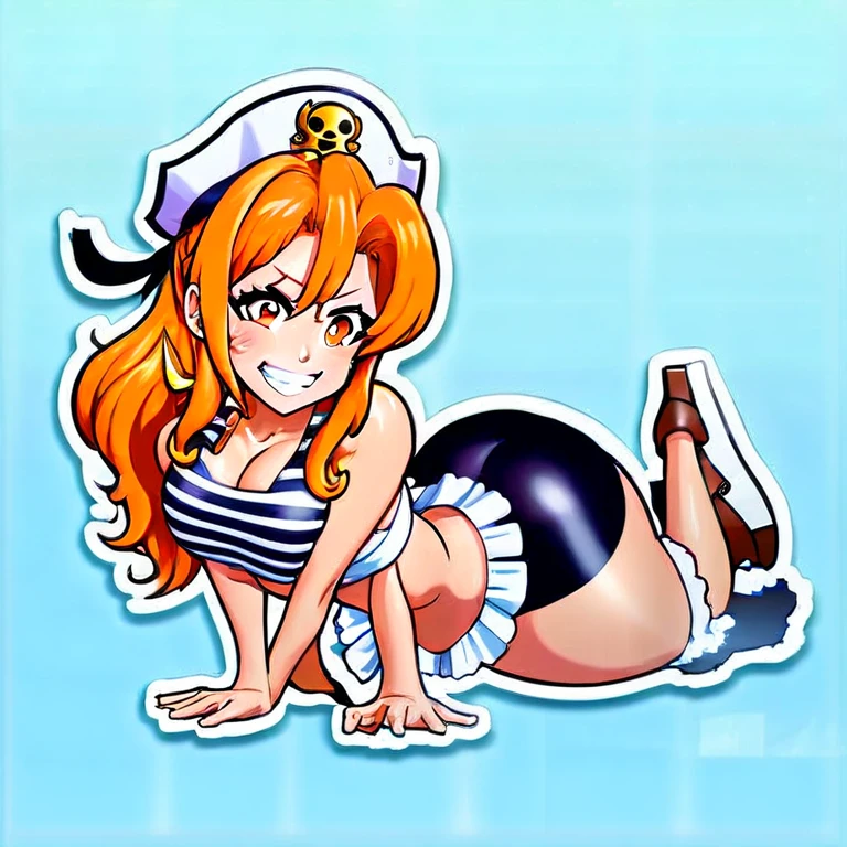 Character Stickers, STICKER, (solid outline:1.3), (NSFW:1.2), A detailed illustration of a vivid Sexy Nami from One Piece kneeling down, Nami with big breasts, see thru white top, nipples see thru, bare breasts, thin acrylic board, Nami character goods, Flat figure, 3D image, Sample images on product page, Acrylic stand and Acrylic base, acrylic panel, acrylic board, cowboy shot, full body portrait, Nami full body portrait , orange long hair, shear bra and mini-skirt type sailor uniform, Smile, summer clothes, Crazy cute, kneeling down, perfect eyes,