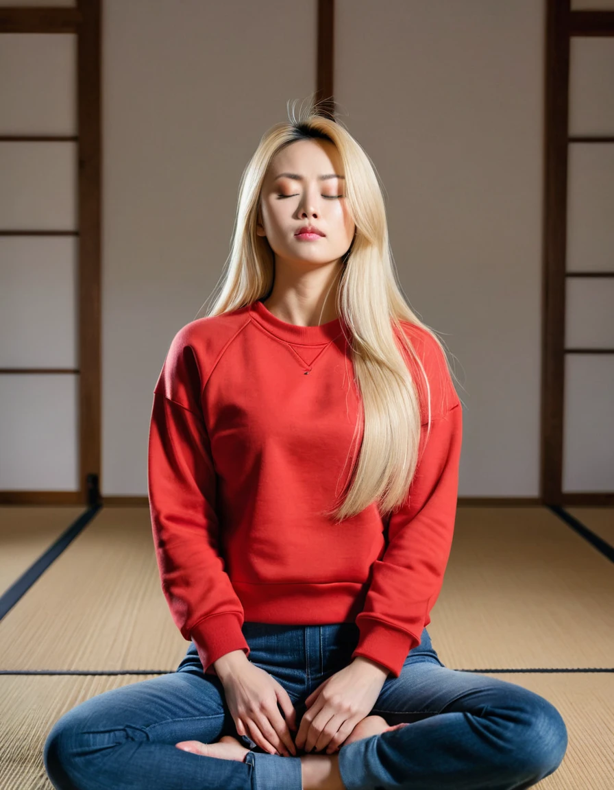 (8k), (Best Quality), (Mastepiece: 1.2) Japan　　Blonde woman doing zazen　Eyes closed, red sweatshirt　jeans