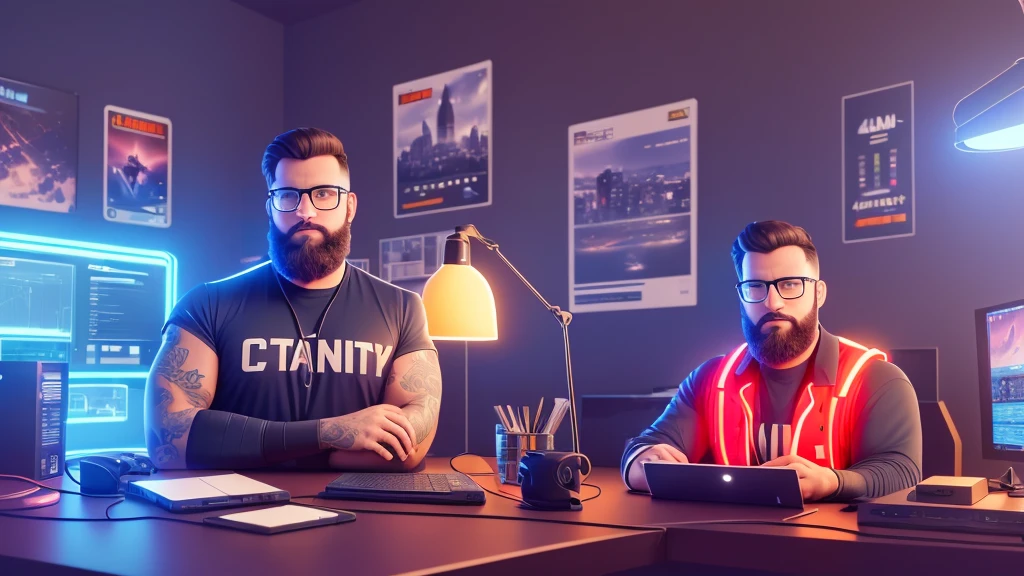 max , a macho big geek , with a hipo beard sitting at a table with a laptop and a microphone, unsplash, realism, , in a streamer studio room, neon ambiance , looking to camera, portrait shot 8 k, photo portrait, looking towards the camera , ultra detail, high resolution, ultra detailed, best quality, amazing, top quality, extremely detailed CG unity 8k wallpaper, cinematic lighting.