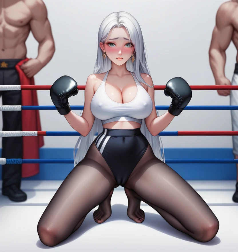 korean beautifull girl,18 years old,Pretty Face,Good shape,detailed picture, Shy expression, blush,White long hair, Wear sexy yoga clothes,Wear black pantyhose, Wearing black boxing gloves, Kneeling in a sexy pose on the boxing ring,Large Breasts,Cleavage,Long legs,Thin waist,nipple,Camel toe