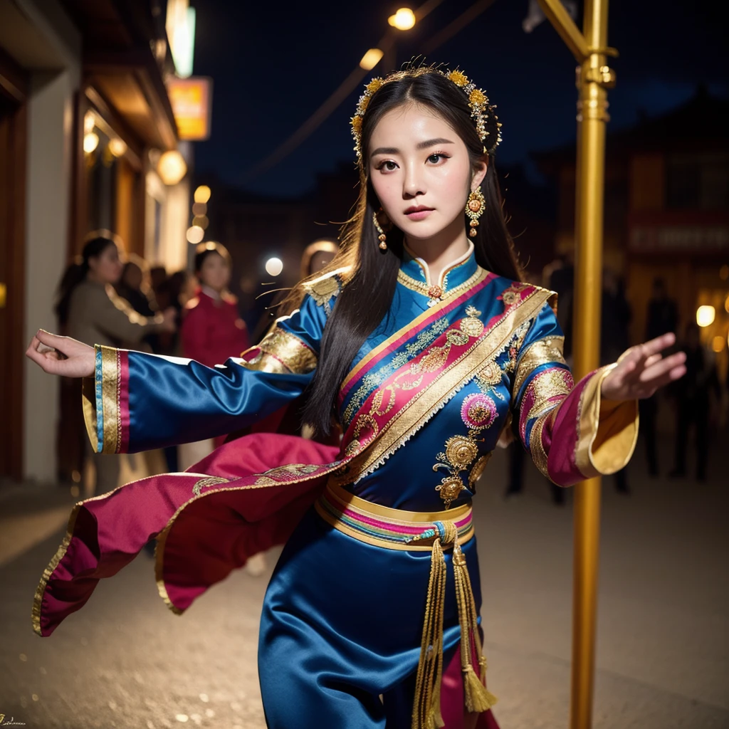 ((best quality)), ((masterpiece)), (detailed), 1 Beauty, Portraiture ,Character leaning to the right,Mongolian national costume,Long sleeve,Dancing Background Ulaanbaatar,Blurred Background,night