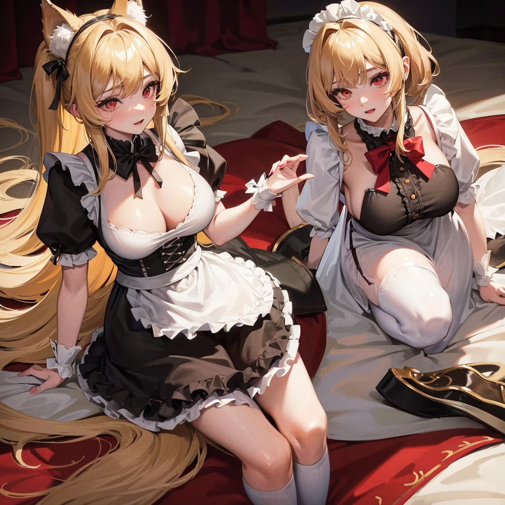 Female wolf, wears short maid clothes showing her panties, has long fluffy blonde hair, has red eyes, has large breasts.