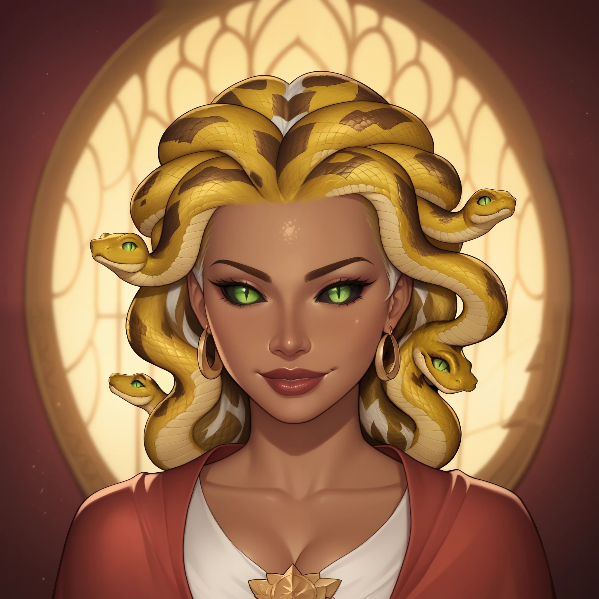 (((beautiful, high quality, perfect eyes, comics style, semi-realistic, detailed face))), bust shoot, score_9, score_8_up, score_7_up, | ((colored sclera, black sclera, slit pupils, scales)), 1girl, (((sn4k3h41r, snake hair))), Very ((dark skin, dark-skinned)), ((horny face, desire, seductive look, seductive pose)), green eyes, attractive smile, (heart shape lips), wears a red wizard robes over a white linen dress, | (wizard tower, fantasy background, blurred background), digital painting, volumetric lighting, easynegative, JIM EIDOMODE, Dungeons and Dragons 5th edition style illustration,