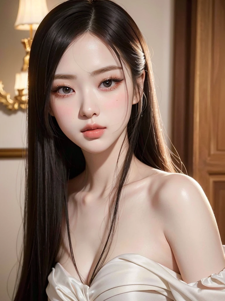 a beautiful chinese woman with pale skin, big eyes, and tender doll-like lips, detailed facial features, elegant expression, long black hair, in an elegant pose, (best quality, 4k, 8k, highres, masterpiece:1.2), ultra-detailed, realistic, photorealistic, photo-realistic:1.37, portrait, natural lighting