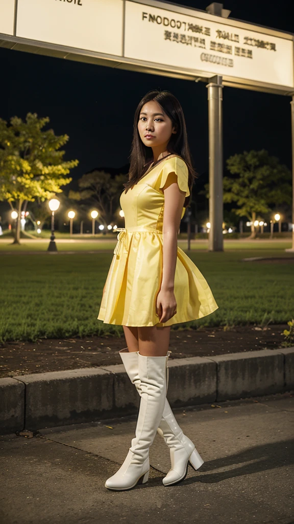 A 25 year old filipina girl wearing a yellow elegant dress and white long boots the background is nigth and koraen park.