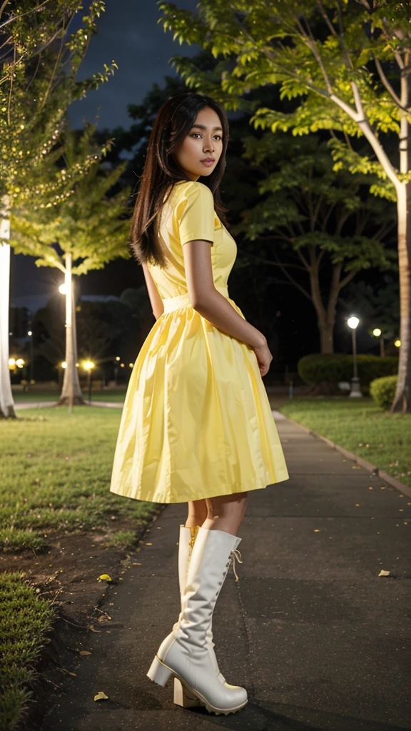 A 25 year old filipina girl wearing a yellow elegant dress and white long boots the background is nigth and koraen park.