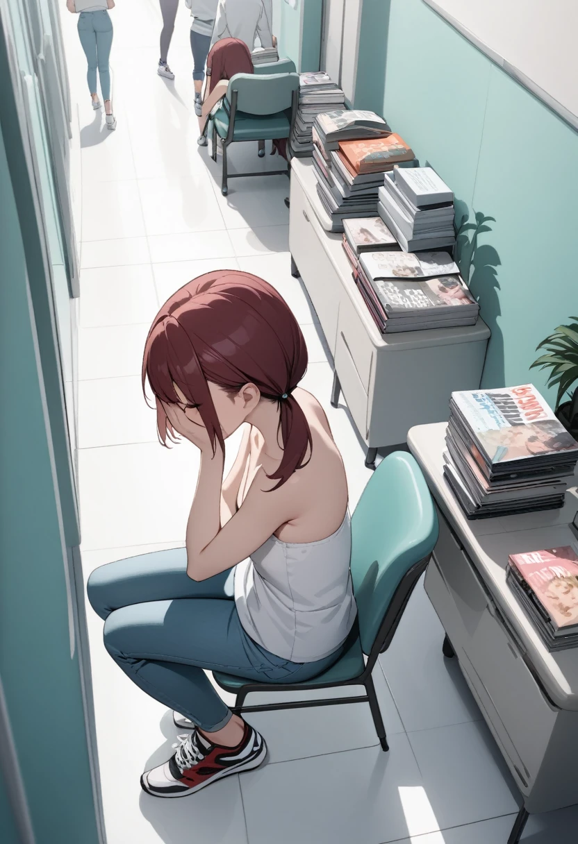 (masterpiece, best quality:1.2), young woman, unamused, facepalm, covered face, dark red hair in low twin tails, closed eyes, strapless white tank top, jeans, sneakers, from side, from above, sitting on chair, crowded large hospital hallway, teal walls, white floor, fake plants, small table with magazines, small breasts, thin, indoors
